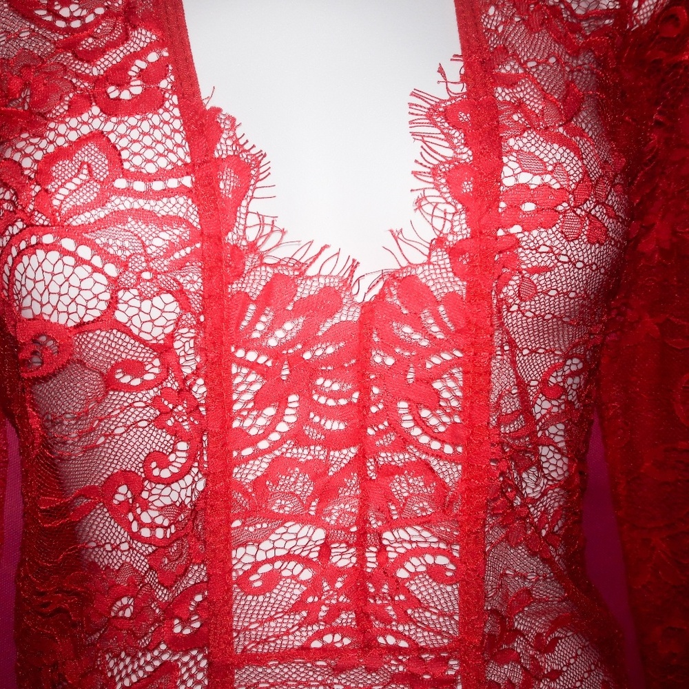 Red Sheer Lace Long Sleeve Bodysuit Romper - Picture 3 of 7